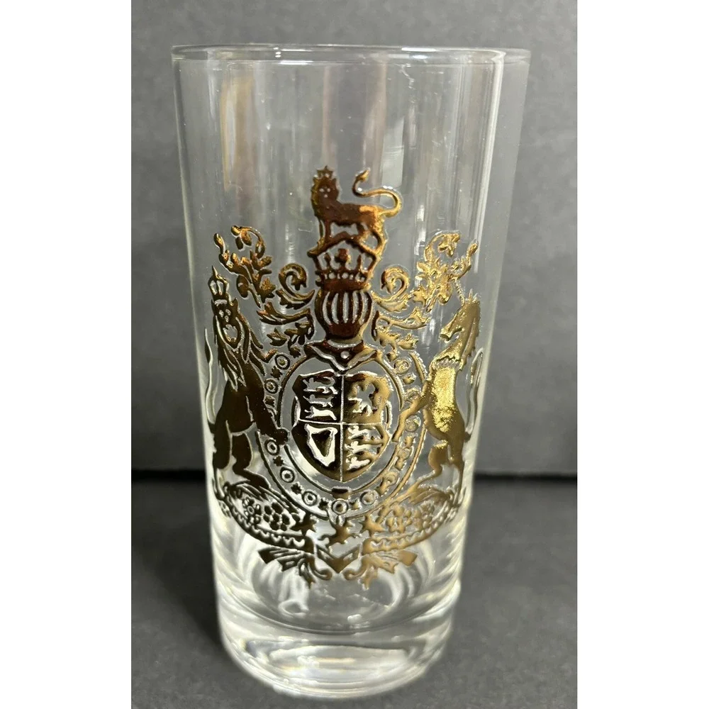 2 Cera Coat of Arms Highball Glasses United Kingdom Gold Vintage 1960s MCM Tags